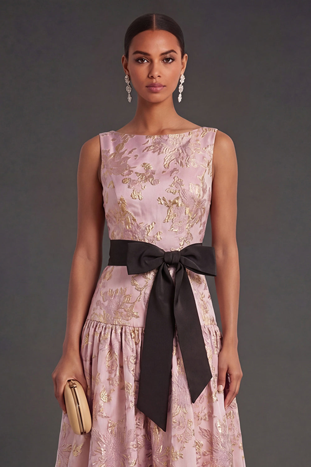 Dusty Blue Floral A Line Sleeveless Long Wedding Guest Dress