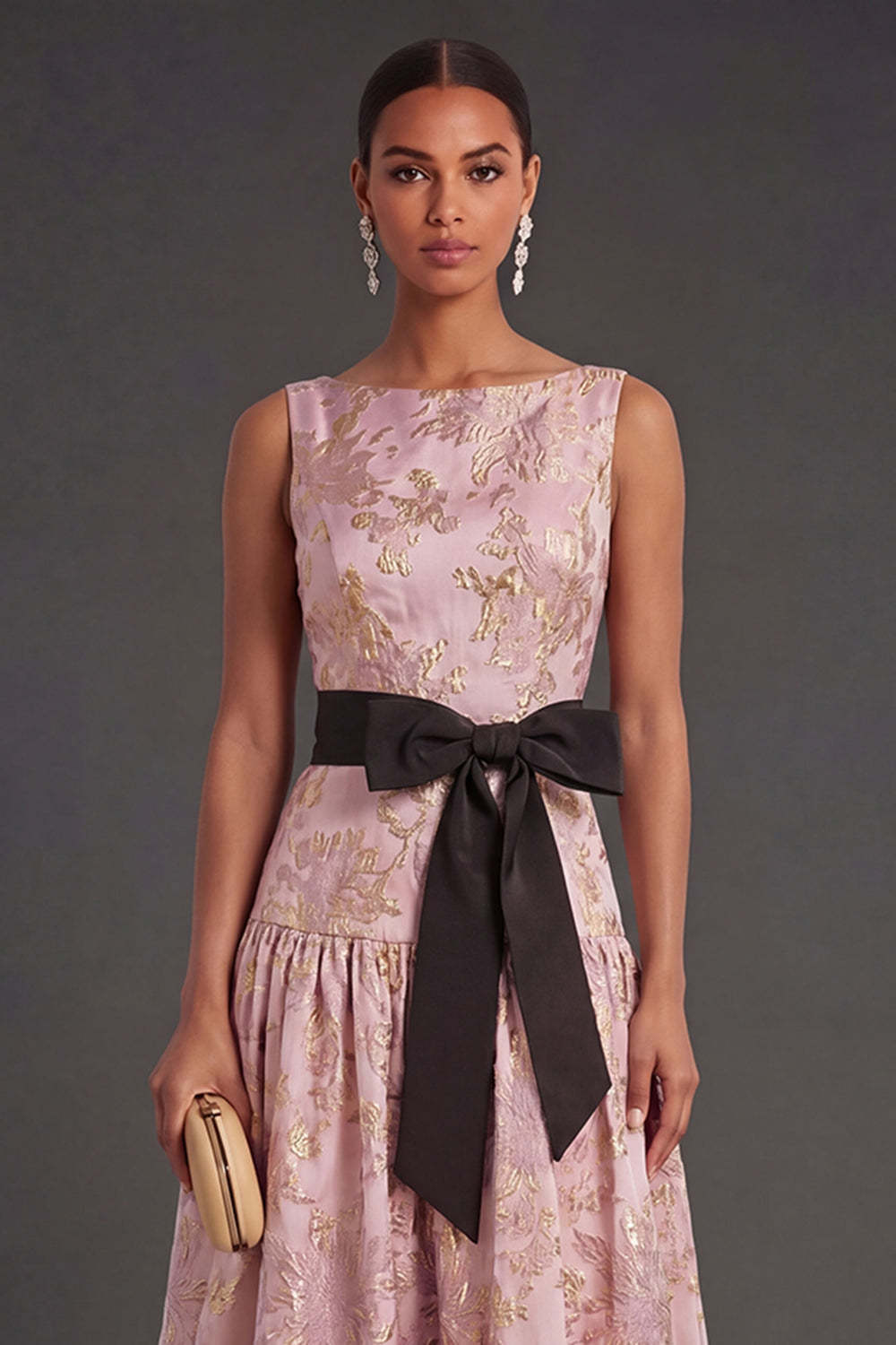 Dusty Blue Floral A Line Sleeveless Long Wedding Guest Dress