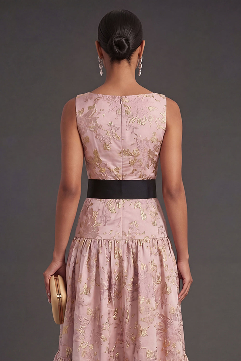 Dusty Blue Floral A Line Sleeveless Long Wedding Guest Dress