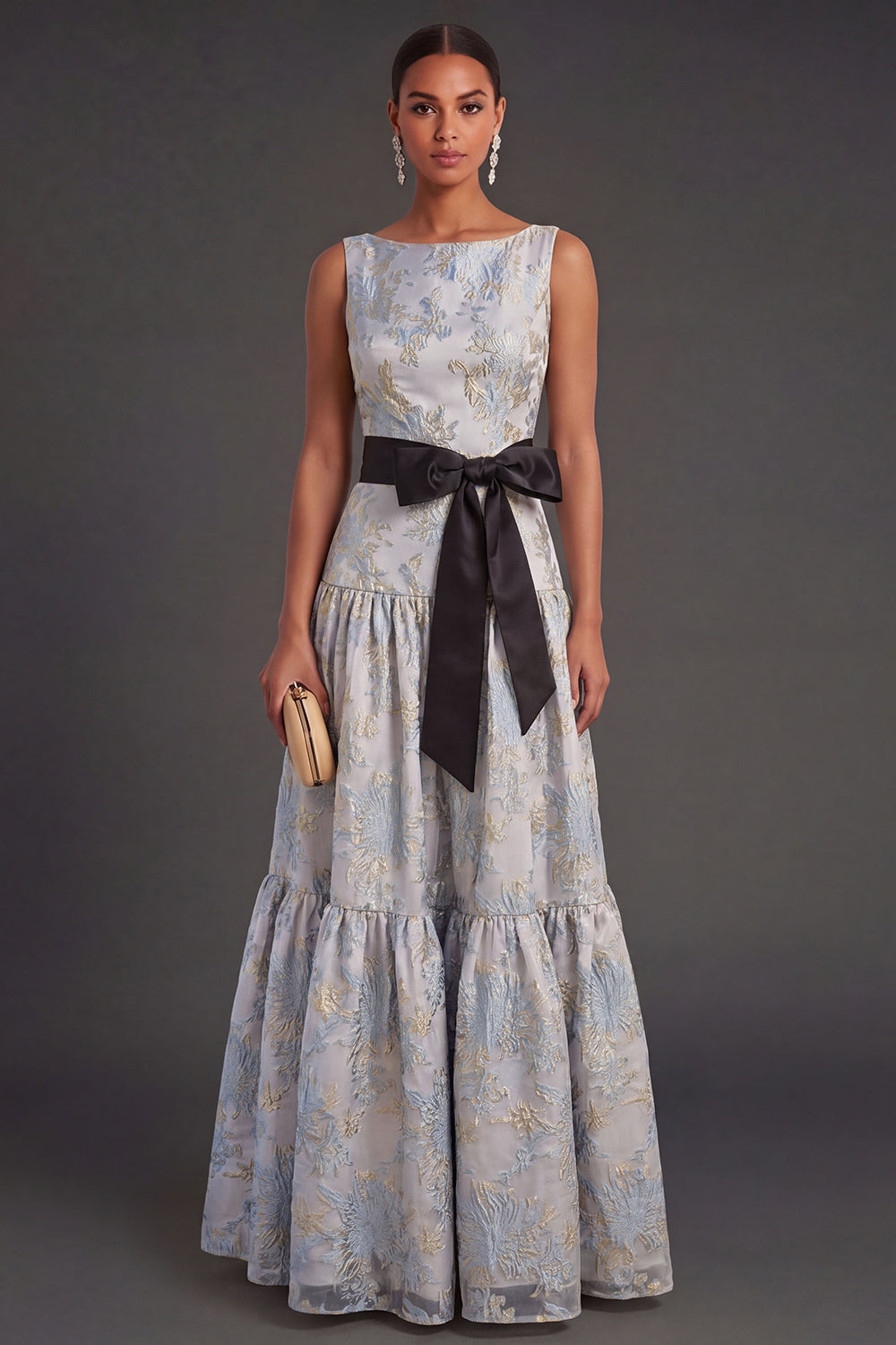 Dusty Blue Floral A Line Sleeveless Long Wedding Guest Dress
