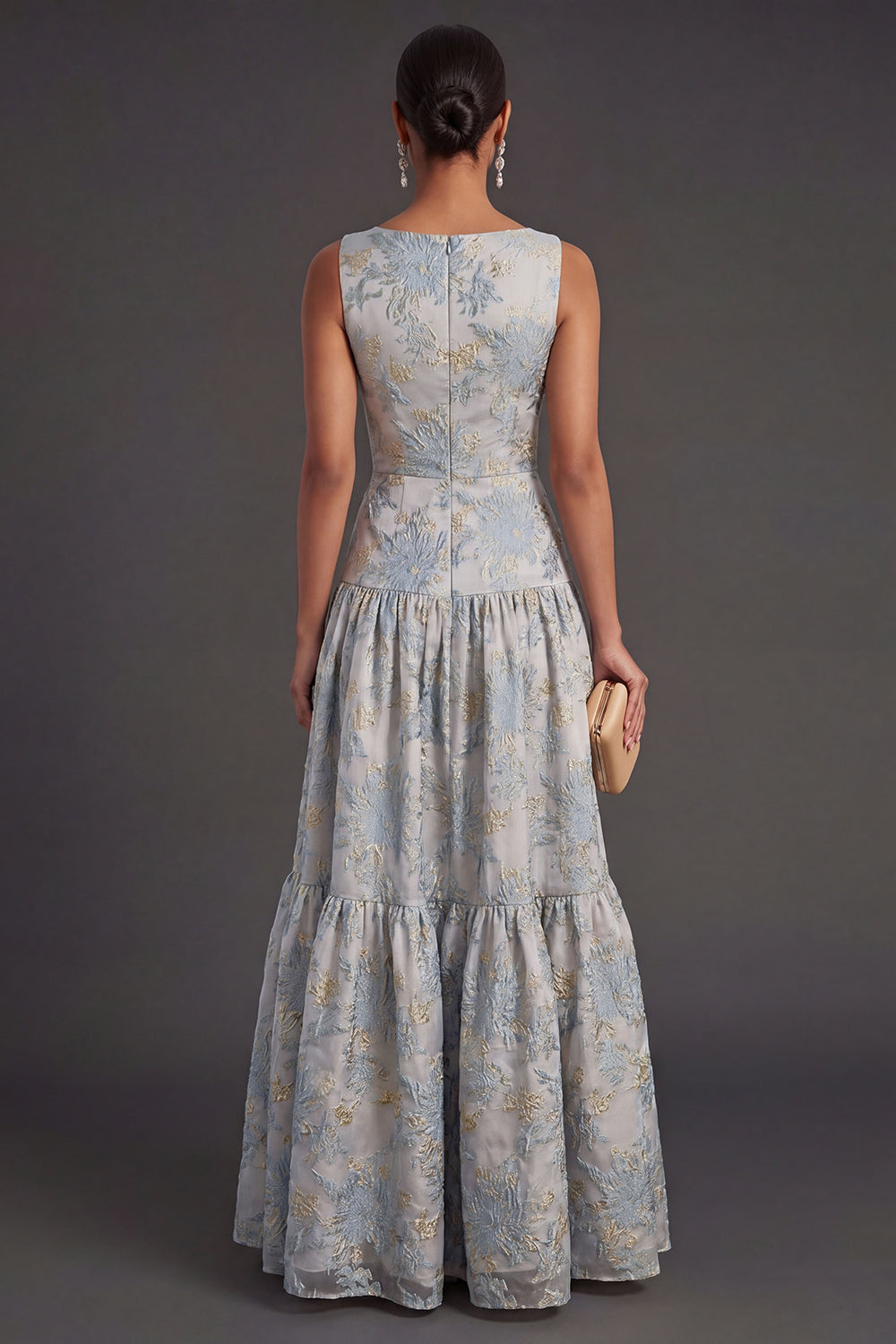 Dusty Blue Floral A Line Sleeveless Long Wedding Guest Dress