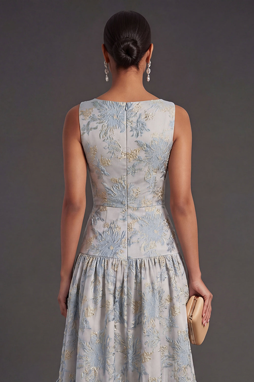 Dusty Blue Floral A Line Sleeveless Long Wedding Guest Dress