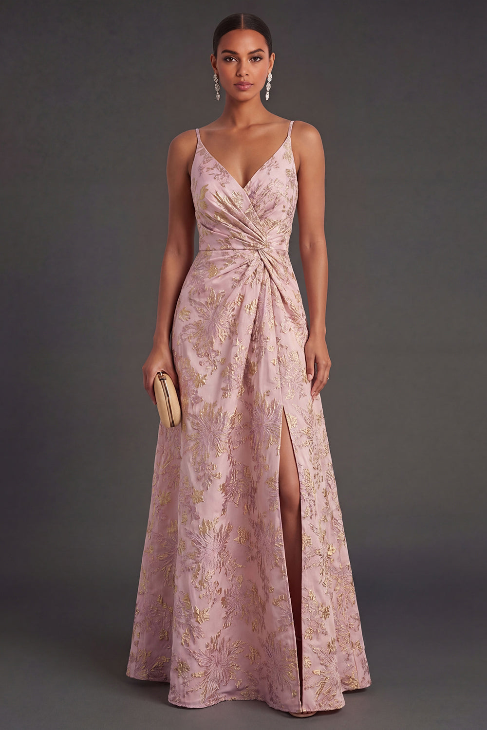 Leely Women Blush Ruched Jacquard Floral Long Wedding Guest Dress with Slit Backless Spaghetti Straps Backless Garden Party Dress with Slit