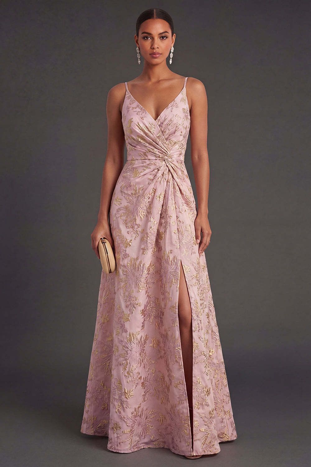 Leely Women Blush Ruched Jacquard Floral Long Wedding Guest Dress with Slit Backless Spaghetti Straps Backless Garden Party Dress with Slit