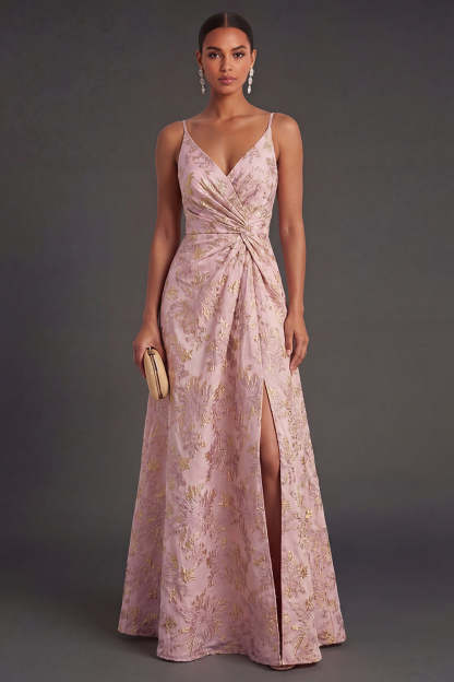 Leely Women Blush Ruched Jacquard Floral Long Wedding Guest Dress with Slit Backless Spaghetti Straps Backless Garden Party Dress with Slit