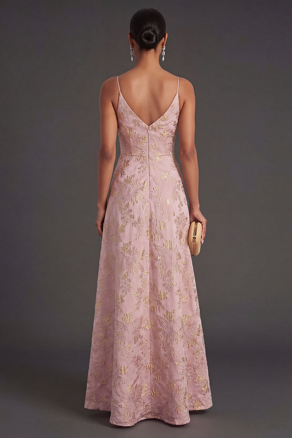 Blush Ruched Jacquard Floral Long Wedding Guest Dress with Slit