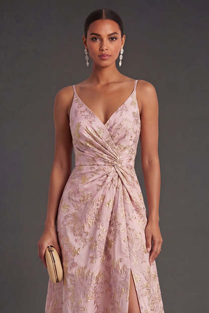 Blush Ruched Jacquard Floral Long Wedding Guest Dress with Slit