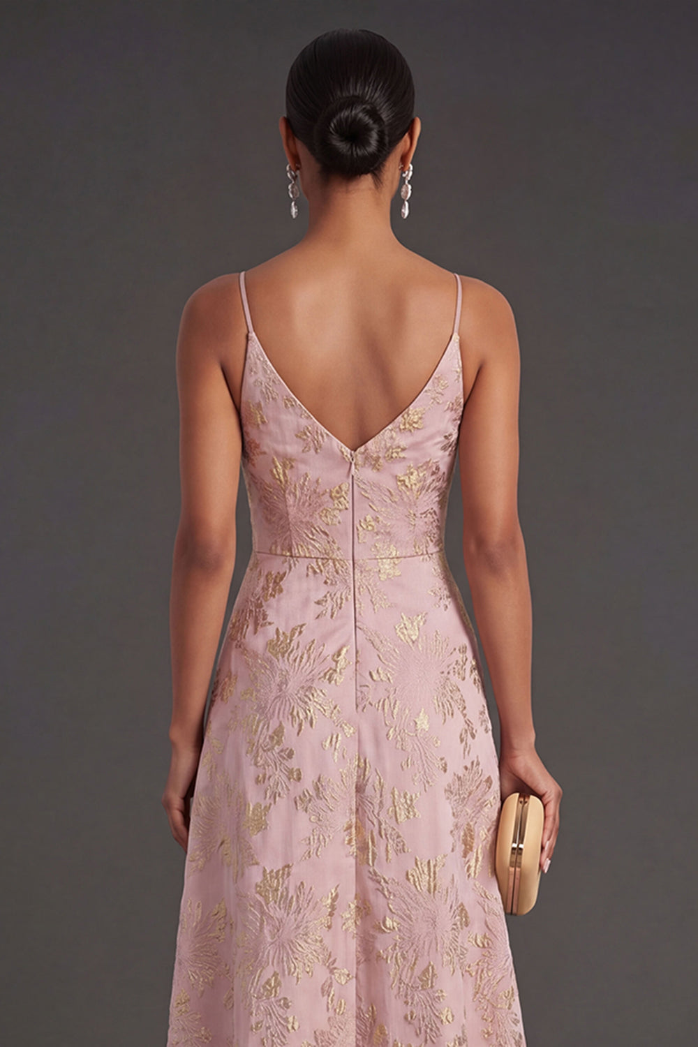 Blush Ruched Jacquard Floral Long Wedding Guest Dress with Slit