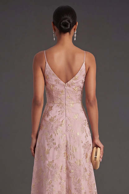 Blush Ruched Jacquard Floral Long Wedding Guest Dress with Slit