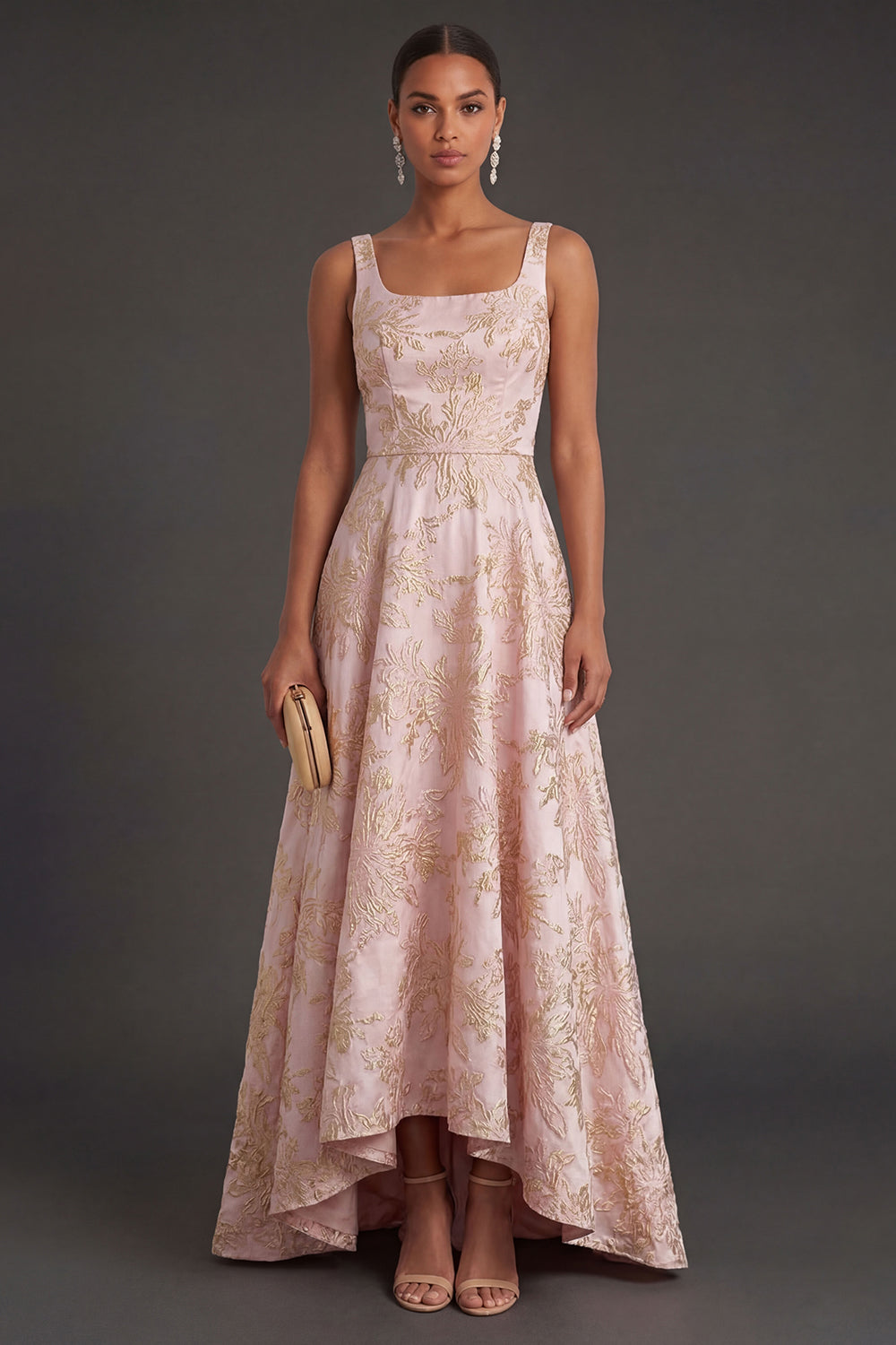 Blush Ruched Jacquard Floral Thick Straps High Low Wedding Guest Dress