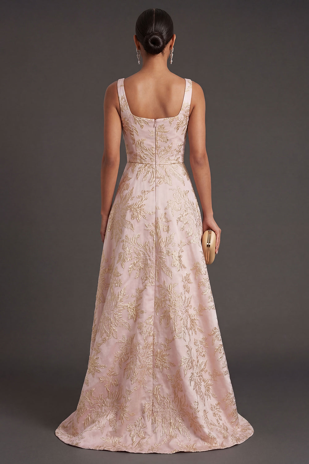 Blush Ruched Jacquard Floral Thick Straps High Low Wedding Guest Dress