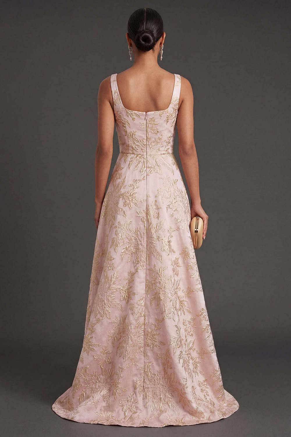 Blush Ruched Jacquard Floral Thick Straps High Low Wedding Guest Dress
