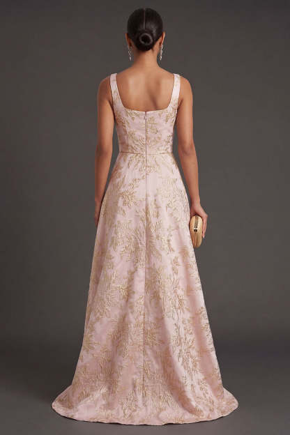 Blush Ruched Jacquard Floral Thick Straps High Low Wedding Guest Dress