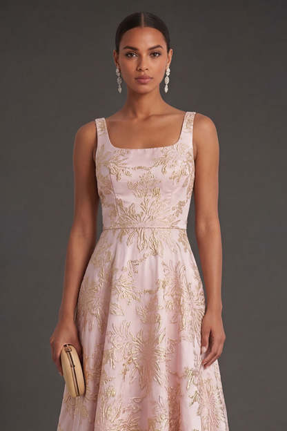 Blush Ruched Jacquard Floral Thick Straps High Low Wedding Guest Dress