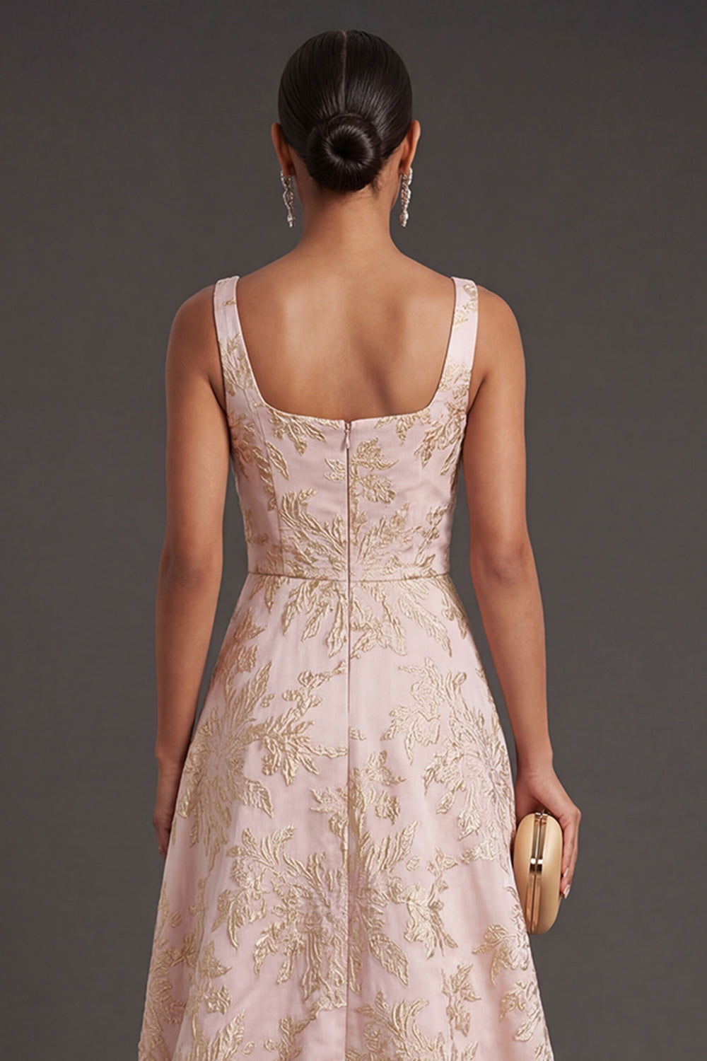 Blush Ruched Jacquard Floral Thick Straps High Low Wedding Guest Dress