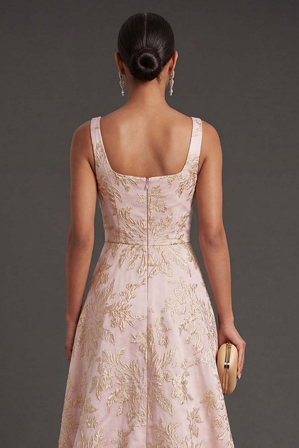 Blush Ruched Jacquard Floral Thick Straps High Low Wedding Guest Dress