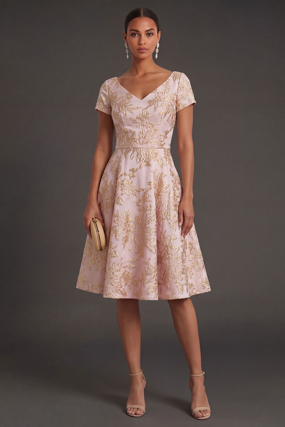 Blush Floral Jacquard Short Summer Wedding Guest Dress