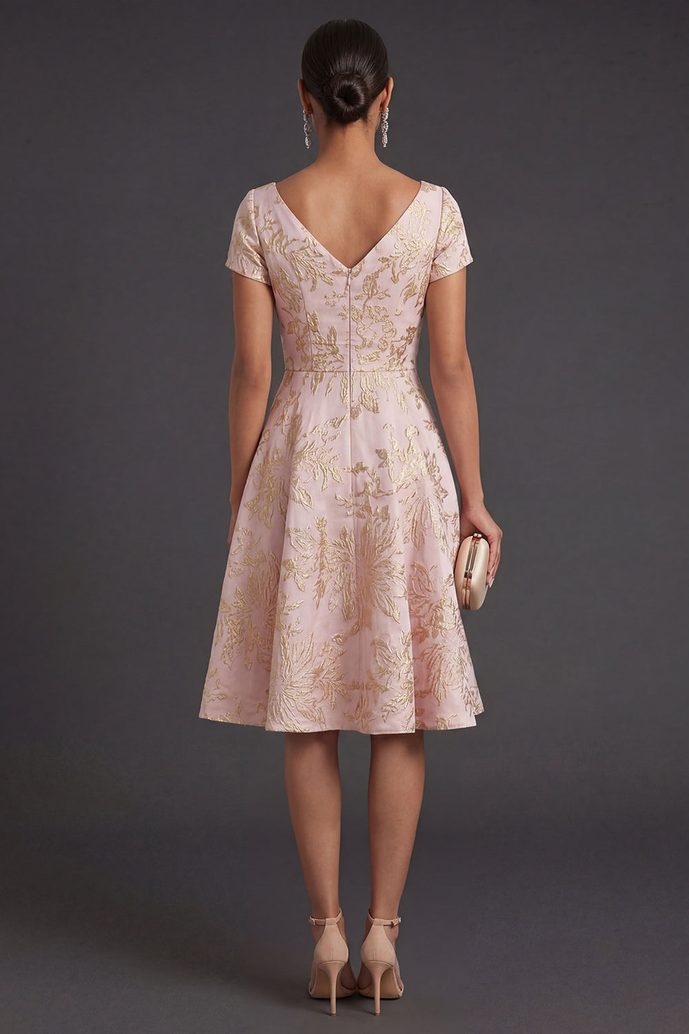 Blush Floral Jacquard Short Summer Wedding Guest Dress