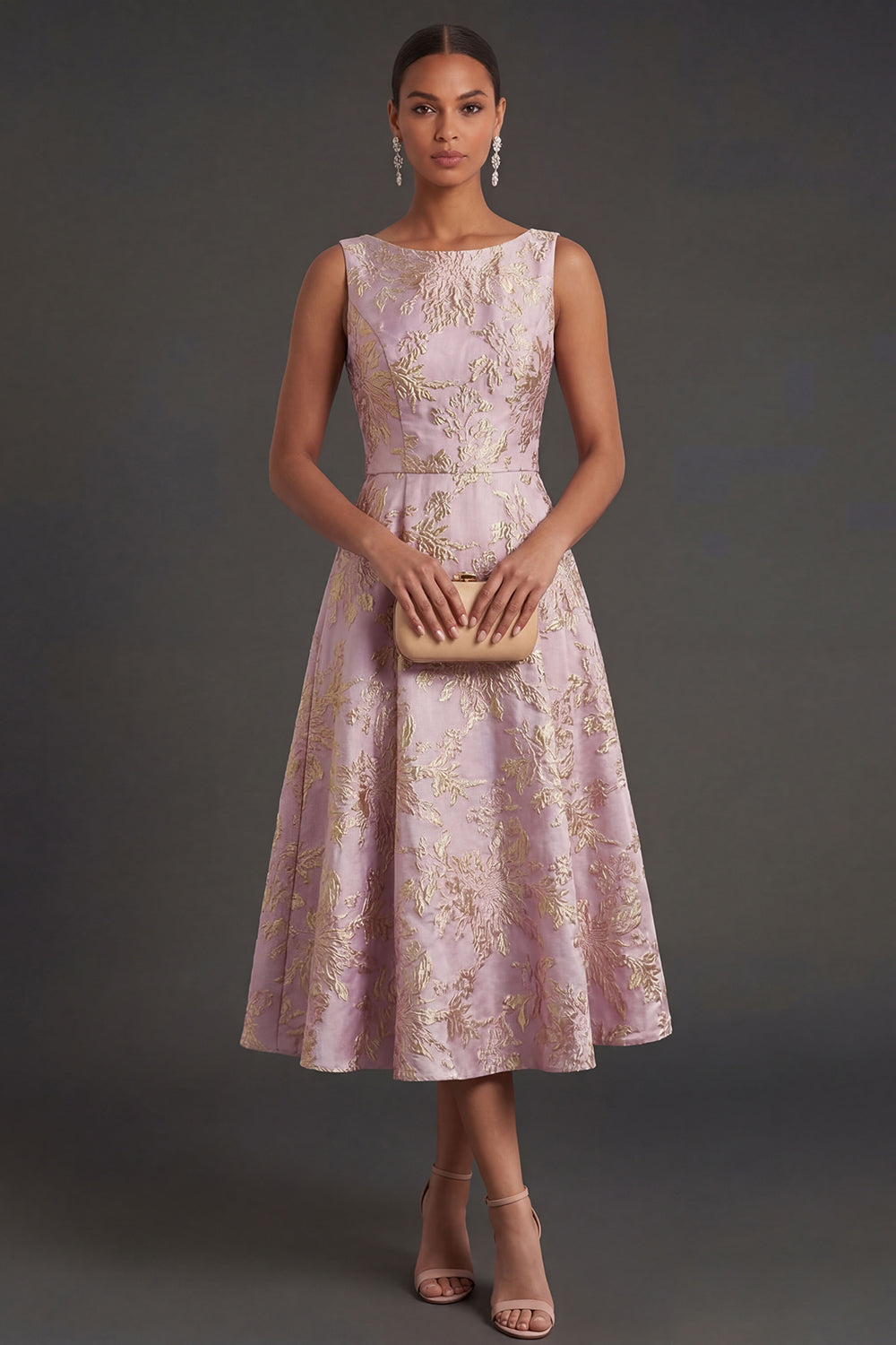 Leely Women Blush Floral Jacquard Midi Wedding Guest Dress Boat Neck A Line Garden Party Dress