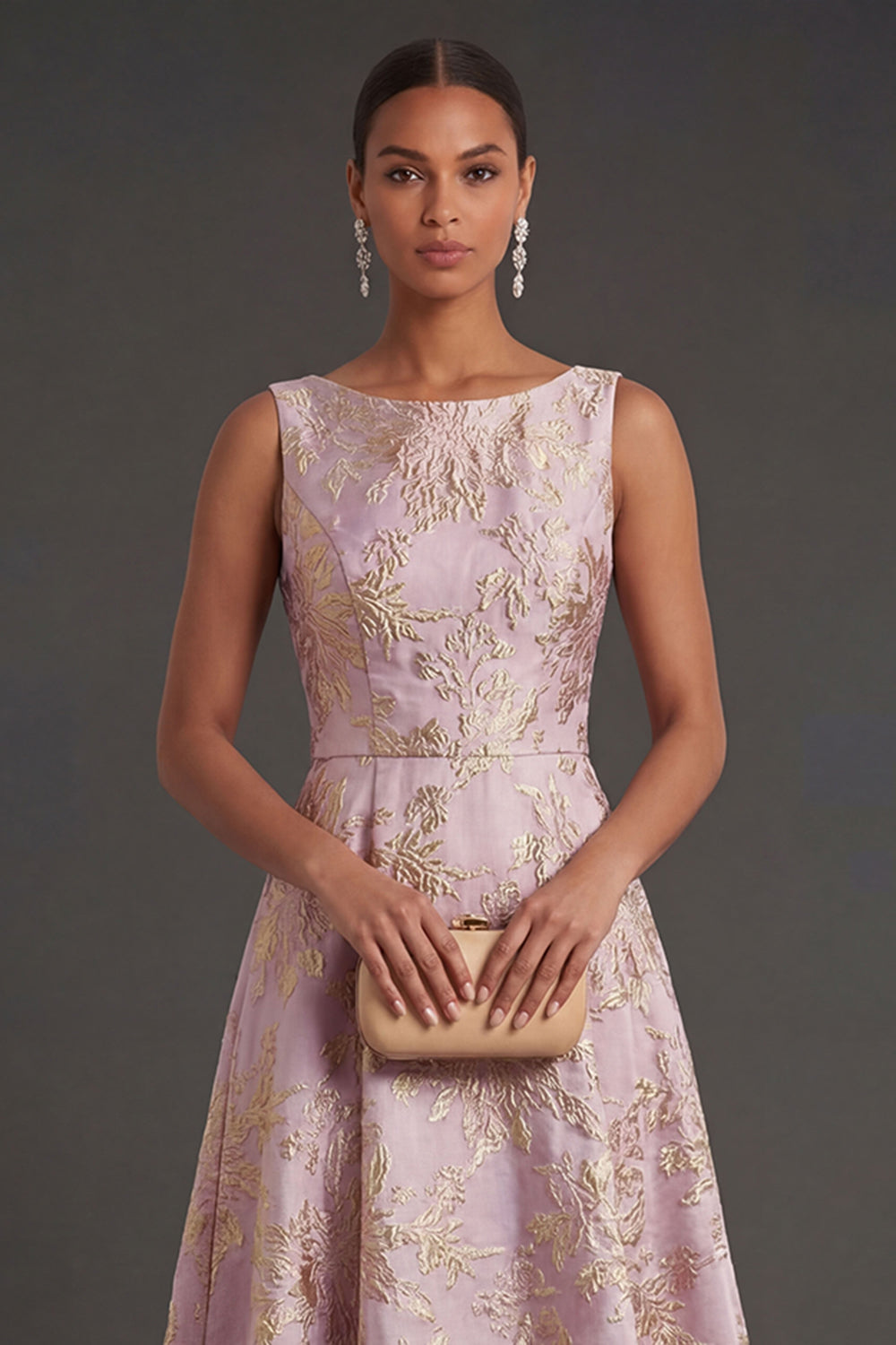 Dusty Lilac Floral Jacquard Midi Wedding Guest Dress
