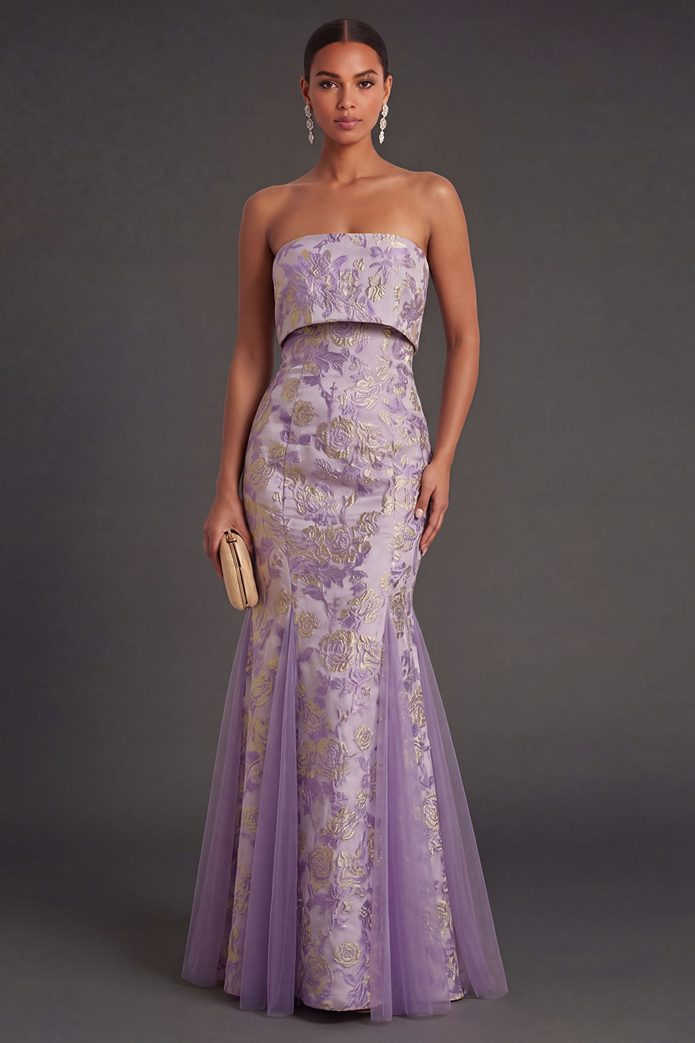 Leely Women Dusty Lilac Floral Mermaid Jacquard Long Wedding Guest Dress Strapless Backless Garden Party Dress