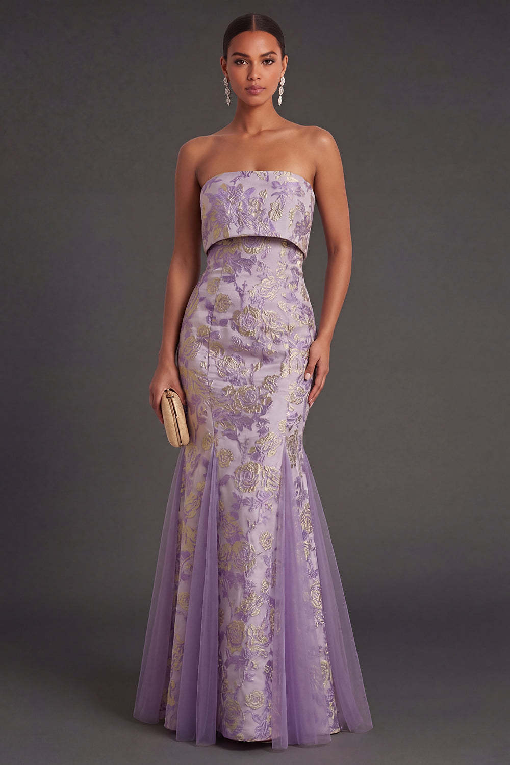 Leely Women Dusty Lilac Floral Mermaid Jacquard Long Wedding Guest Dress Strapless Backless Garden Party Dress