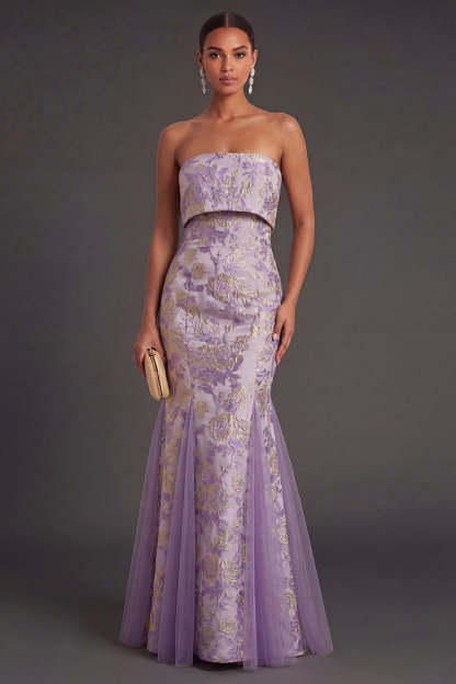 Leely Women Dusty Lilac Floral Mermaid Jacquard Long Wedding Guest Dress Strapless Backless Garden Party Dress