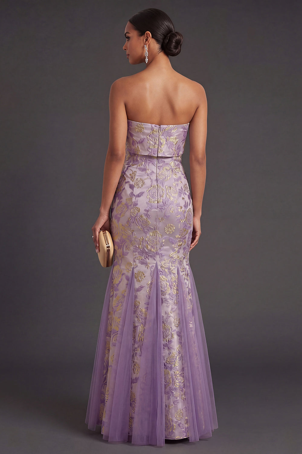 Dusty Lilac Floral Mermaid Jacquard Long Wedding Guest Dress