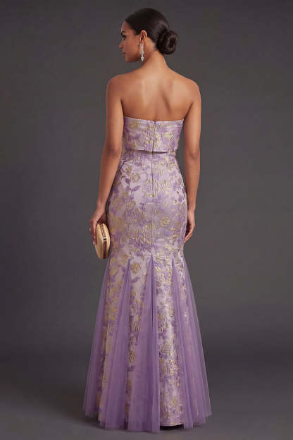 Dusty Lilac Floral Mermaid Jacquard Long Wedding Guest Dress