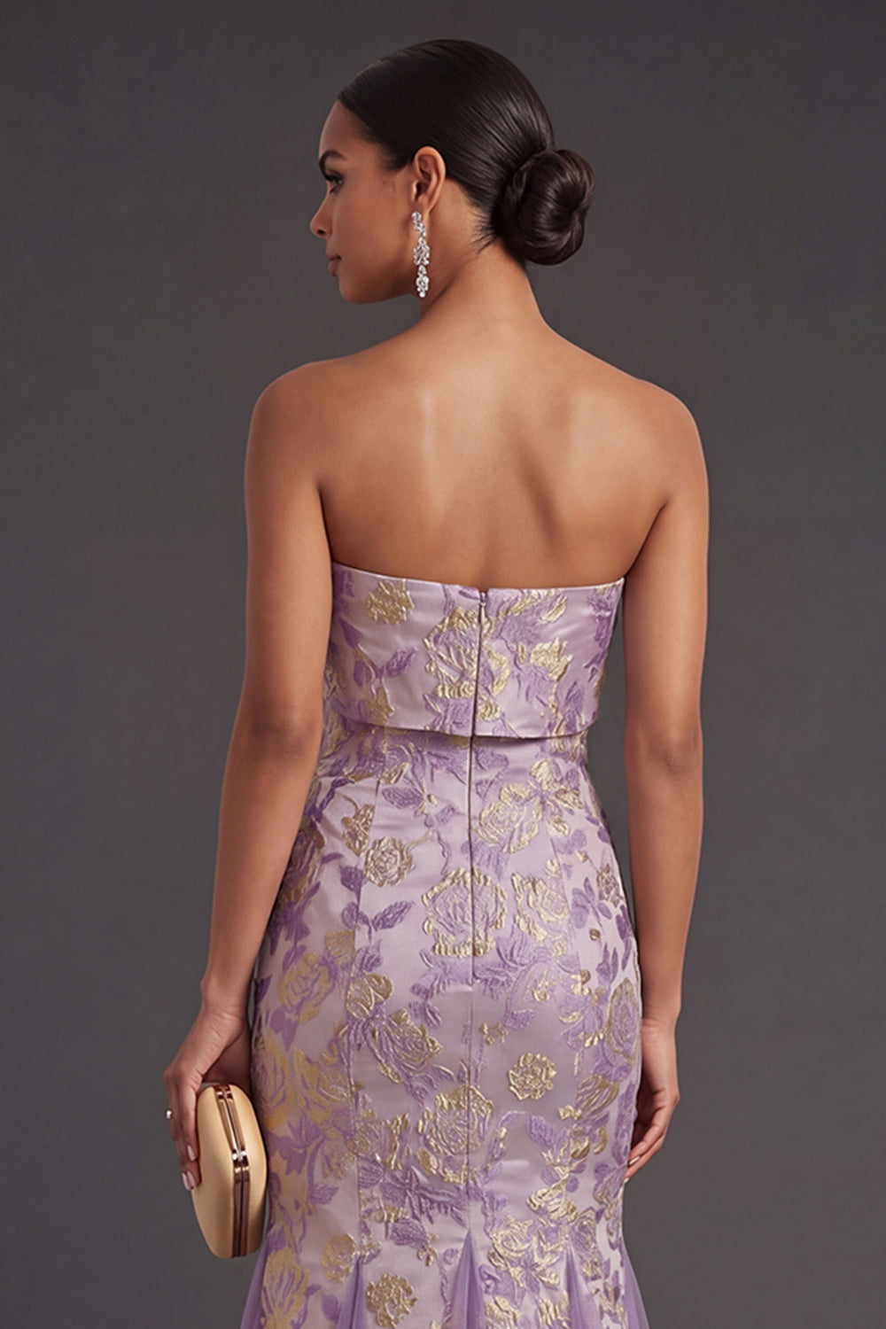 Dusty Lilac Floral Mermaid Jacquard Long Wedding Guest Dress