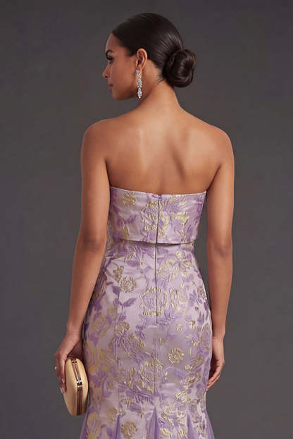 Dusty Lilac Floral Mermaid Jacquard Long Wedding Guest Dress