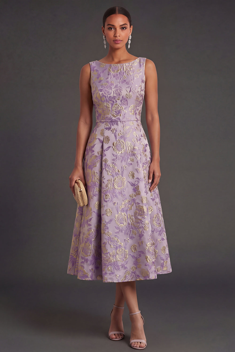 Leely Women A Line Floral Jacquard Dusty Lilac Midi Wedding Guest Dress Round Neck Sleeveless Garden Party Dress
