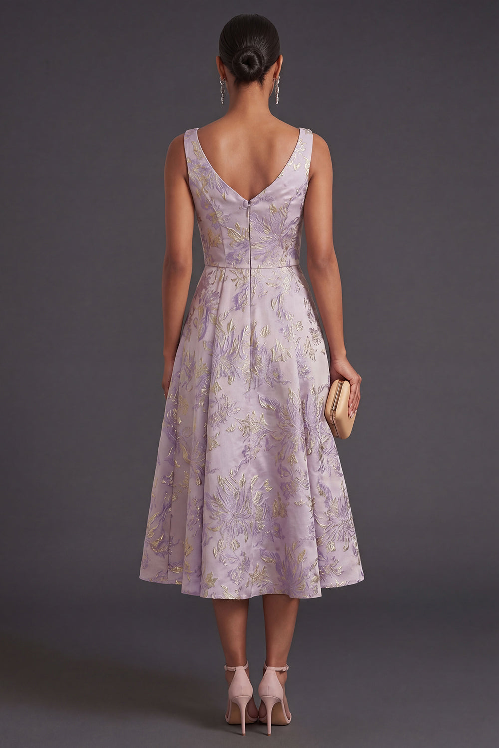 A Line Floral Jacquard Dusty Lilac Midi Wedding Guest Dress