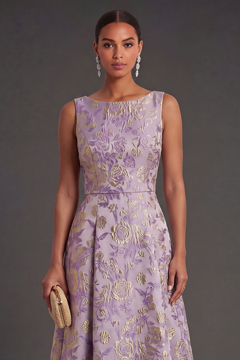 A Line Floral Jacquard Dusty Lilac Midi Wedding Guest Dress