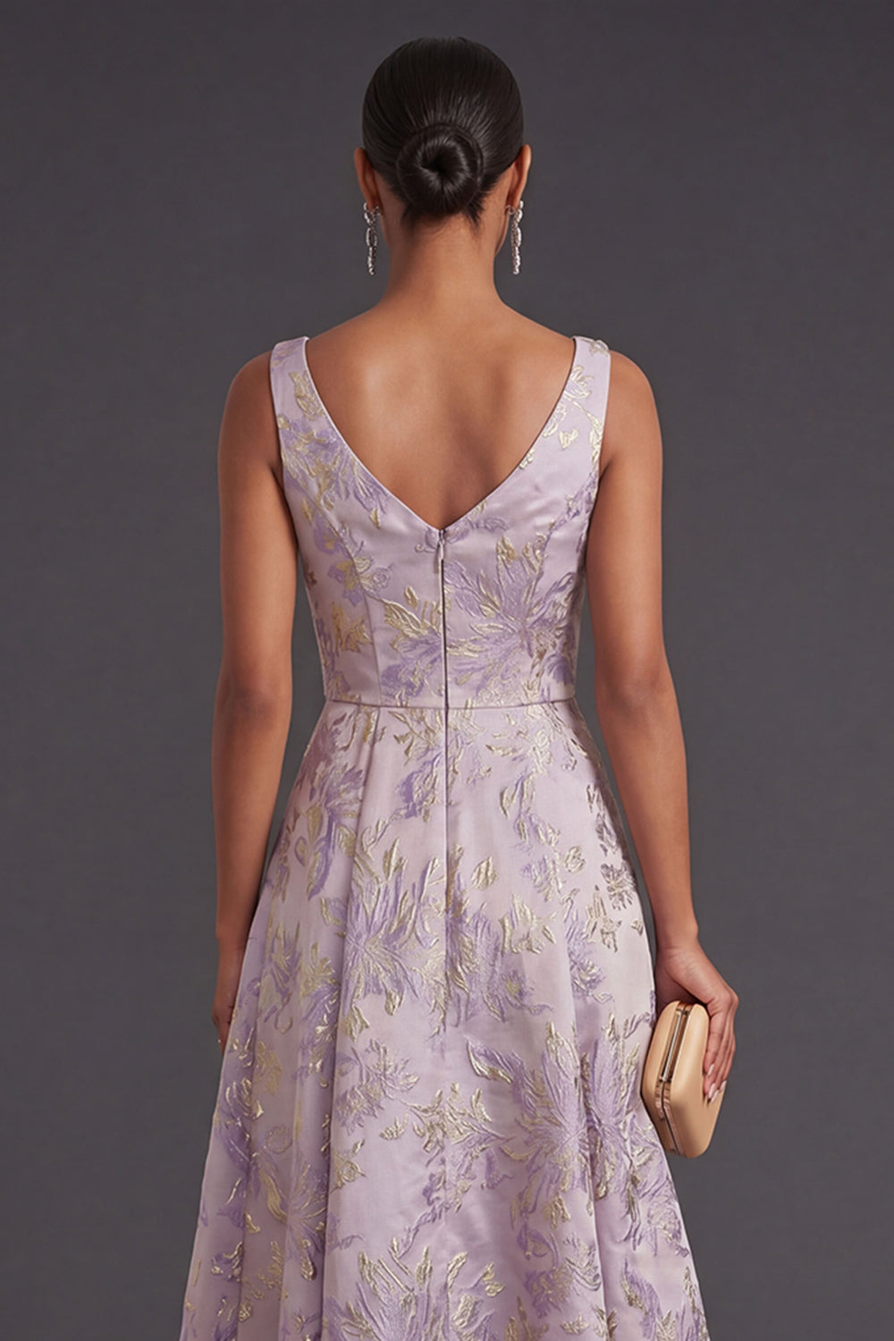 A Line Floral Jacquard Dusty Lilac Midi Wedding Guest Dress