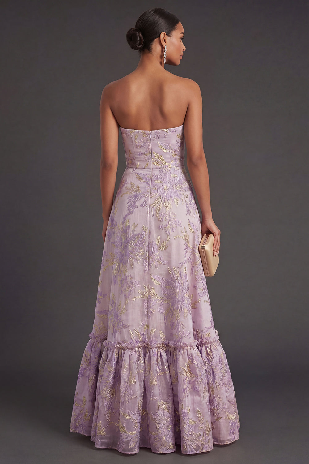 Dusty Lilac Jacquard Floral Strapless Long Wedding Guest Dress