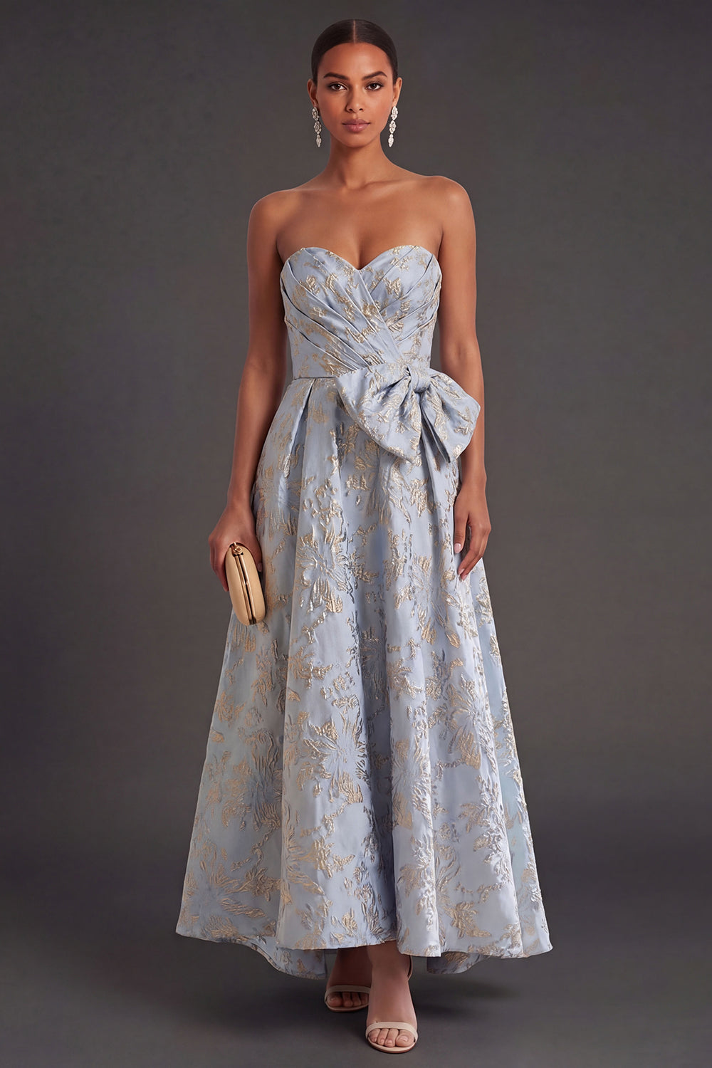 Leely Women Jacquard Dusty Blue Floral Sweetheart Long Wedding Guest Dress Backless Sleeveless Garden Party Dress