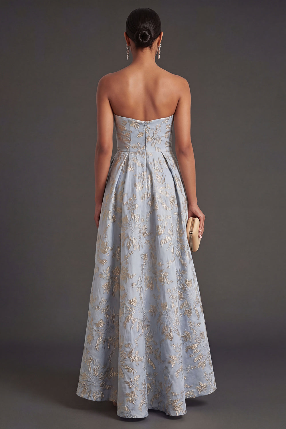 Jacquard Dusty Blue Floral Sweetheart Long Wedding Guest Dress
