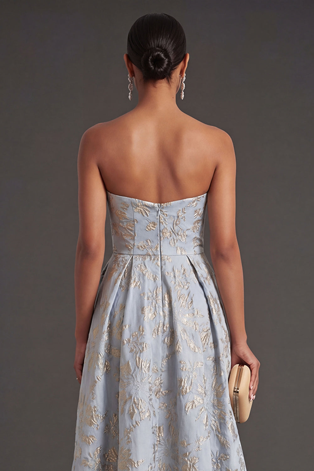 Jacquard Dusty Blue Floral Sweetheart Long Wedding Guest Dress