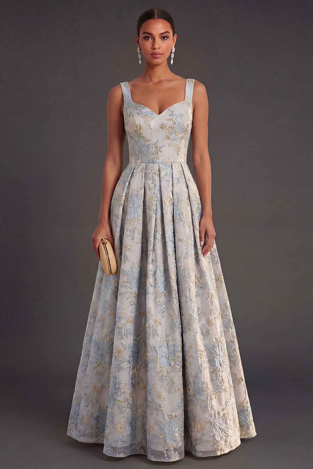 Thick Straps Jacquard Dusty Blue Floral Long Wedding Guest Dress