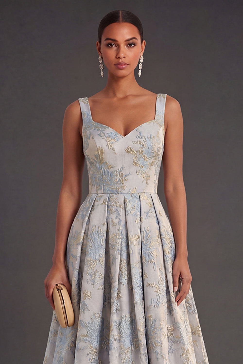 Thick Straps Jacquard Dusty Blue Floral Long Wedding Guest Dress