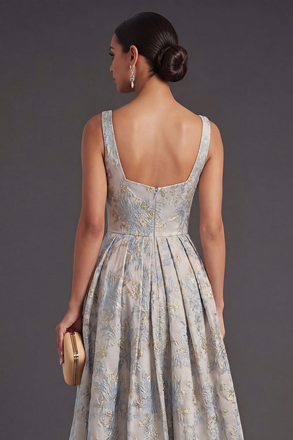 Thick Straps Jacquard Dusty Blue Floral Long Wedding Guest Dress