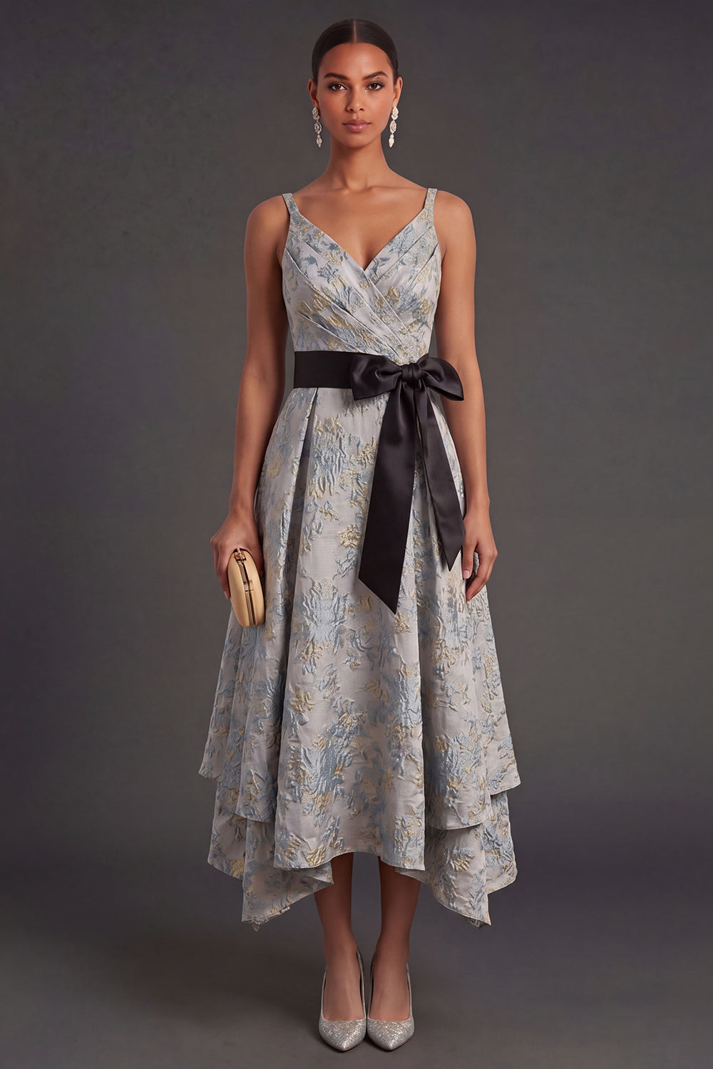 Ruffled Jacquard Dusty Blue Floral Midi Wedding Guest Dress