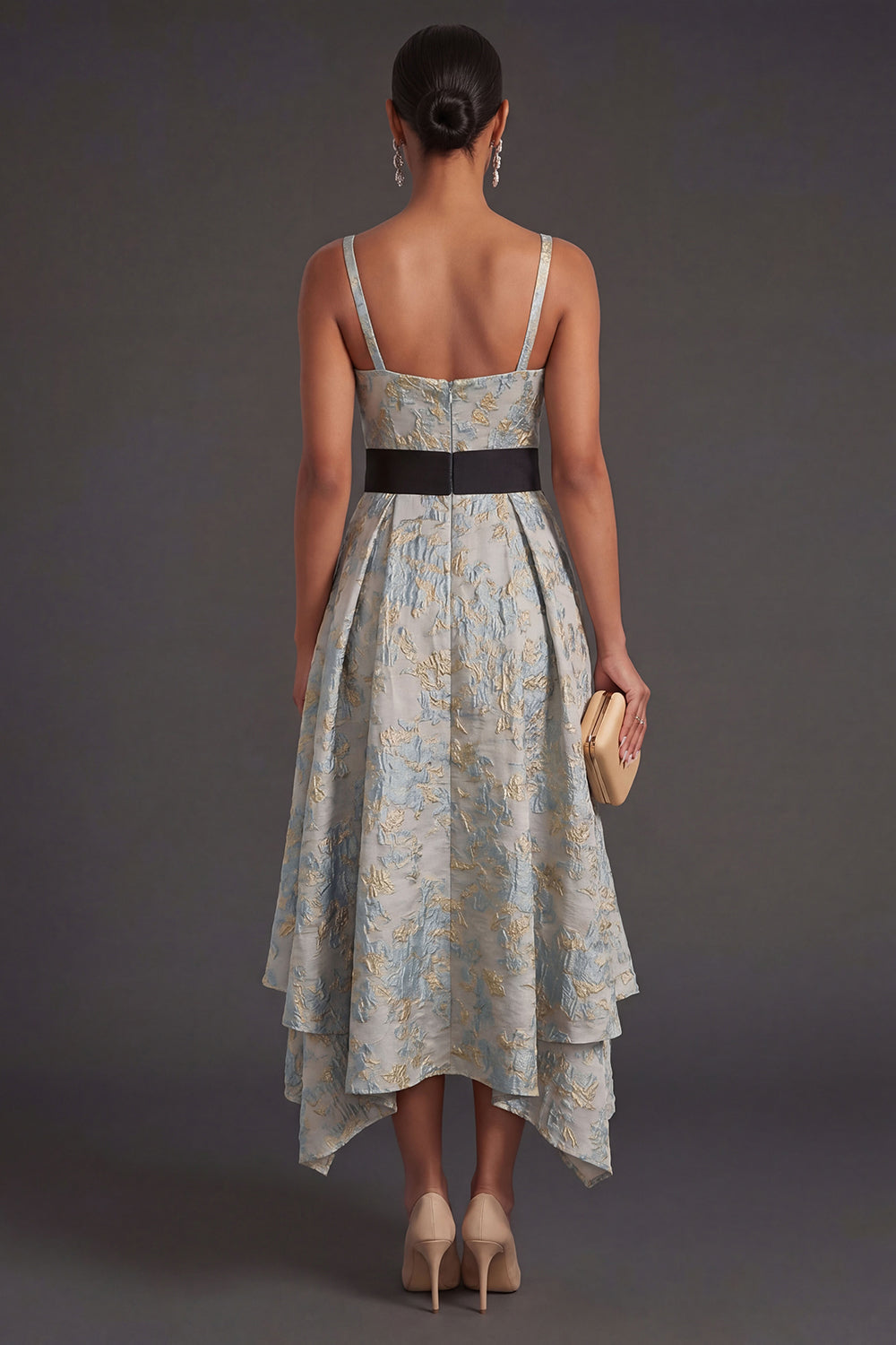 Ruffled Jacquard Dusty Blue Floral Midi Wedding Guest Dress