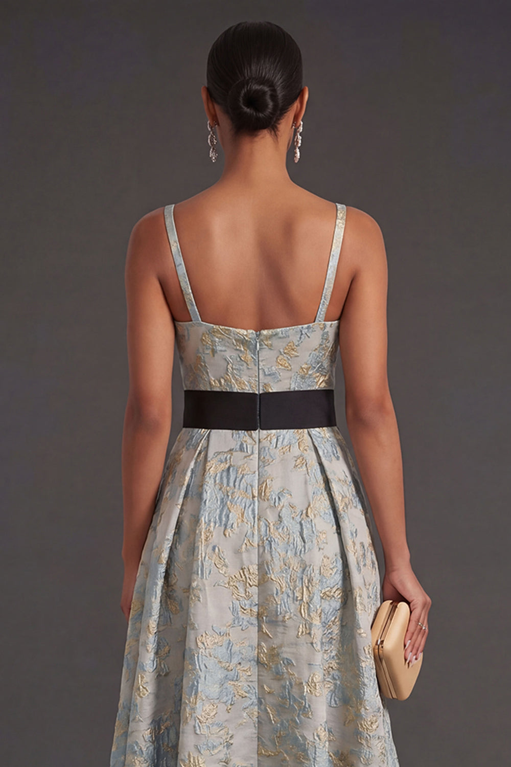 Ruffled Jacquard Dusty Blue Floral Midi Wedding Guest Dress