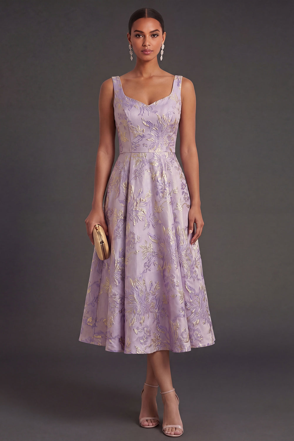 Floral Jacquard Dusty Lilac Thick Straps Midi Wedding Guest Dress