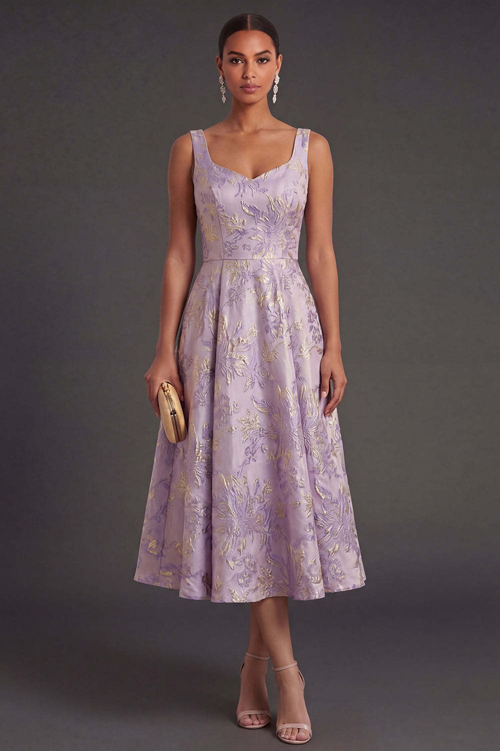 Leely Women Floral Jacquard Dusty Lilac Thick Straps Midi Wedding Guest Dress Thick Straps Backless Garden Party Dress
