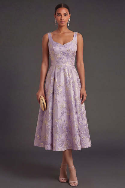 Leely Women Floral Jacquard Dusty Lilac Thick Straps Midi Wedding Guest Dress Thick Straps Backless Garden Party Dress