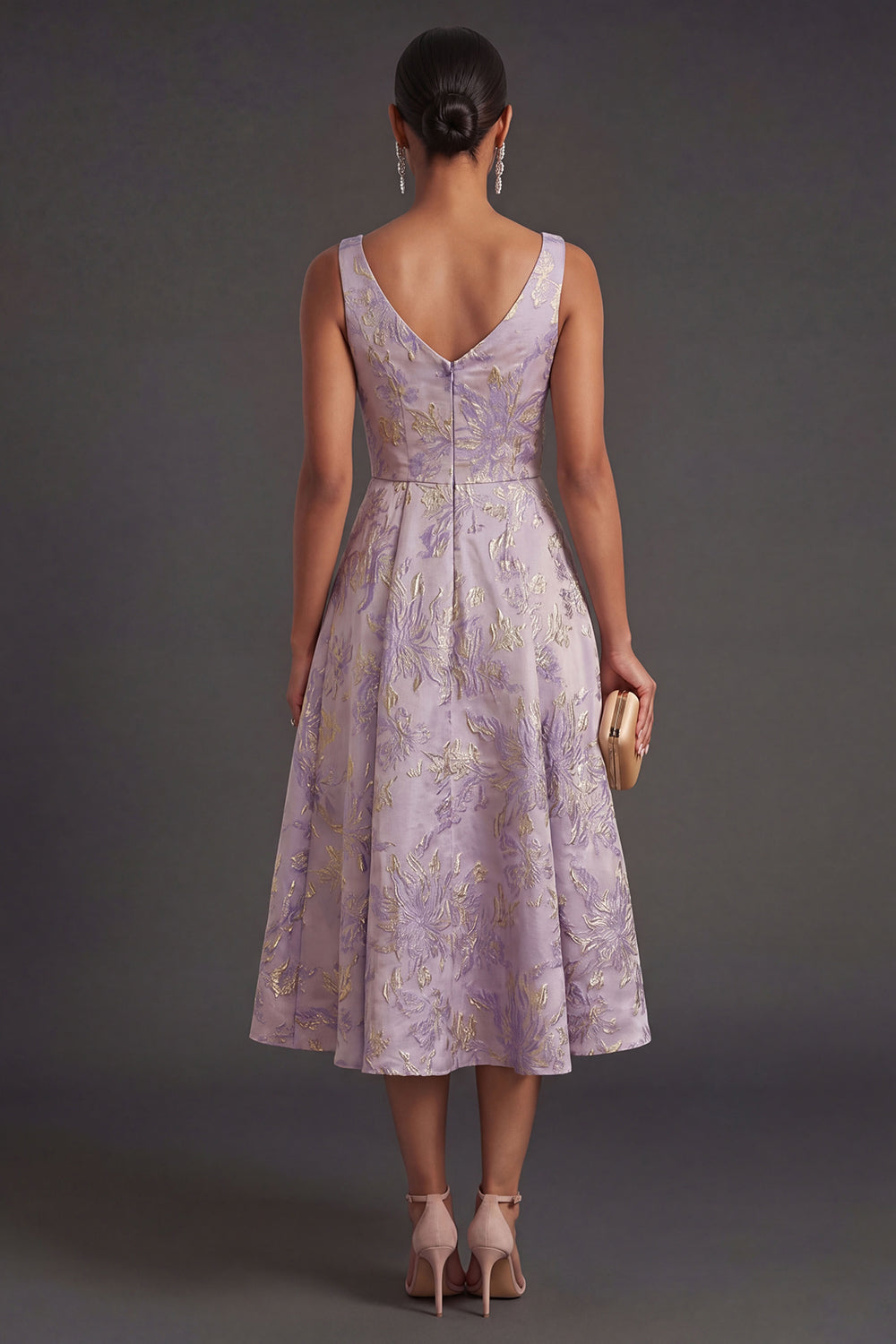 Floral Jacquard Dusty Lilac Thick Straps Midi Wedding Guest Dress