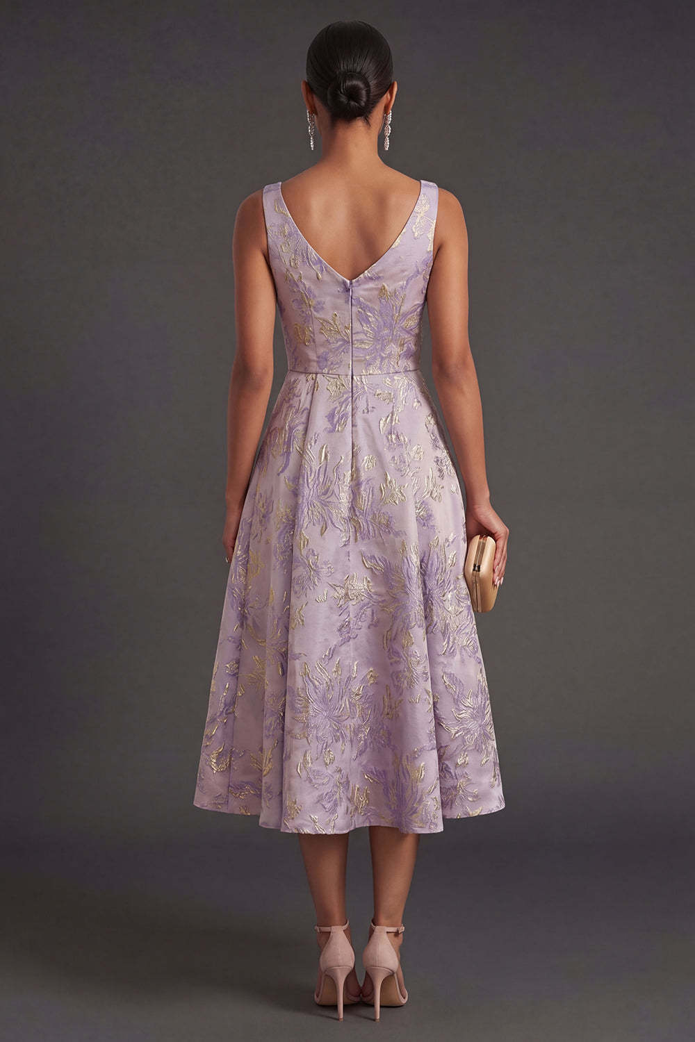 Floral Jacquard Dusty Lilac Thick Straps Midi Wedding Guest Dress
